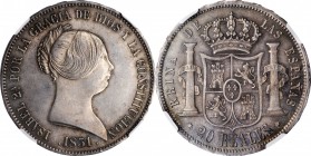 SPAIN. 20 Reales, 1851. Seville Mint (7-pointed star). Isabel II. NGC MS-64.
KM-593.3; Dav-333. A tremendous grade for the type, this stunning Near G...