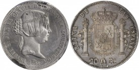 SPAIN. Silvered Reverse Tin 20 Reales Pattern, 1855. Paris Mint, By Louis Charles Bouvet. Isabel II. PCGS SPECIMEN-62 Gold Shield.
cf.Calico-Page 772...