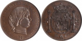 SPAIN. Bronzed Copper 20 Reales Pattern, 186x. By Fernandez. Isabel II. NGC PROOF-65 Brown.
Lorente-751 var; Forrer-Vol VII, pg. 297. Obverse: Bust o...