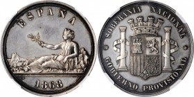 SPAIN. Silver Medallic 5 Pesetas, 1868. Madrid Mint. Provisional Government. NGC MS-63.
KMX-A1. Obverse: Hispania reclining left upon the Pyrenees, w...