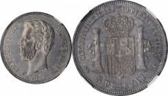 SPAIN. 5 Pesetas, 1871(71)-S DM. Seville Mint. Amadeo I. NGC MS-63.
KM-666. Cal-Type 3 # 5. Fully struck with moderate gray and eggplant-purple tone ...