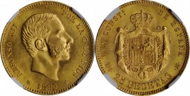 SPAIN. 25 Pesetas, 1883 (83)-M SM. Madrid Mint. Alfonso XII. NGC MS-64.
KM-687; Fr-344. A dazzling near-Gem of the type that boasts pinpoint detail o...