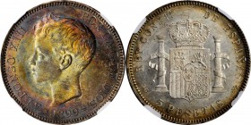 SPAIN. 5 Pesetas, 1899 (99)-S GV. Seville Mint. Alfonso XIII. NGC MS-65.
KM-707; Dav-344. Not a rare coin per se, but EXTREMELY RARE with this combin...
