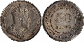 STRAITS SETTLEMENTS. 50 Cents, 1907-H. Heaton Mint. NGC MS-62.
KM-24. An elusive date in Mint State quality, this piece displaying somewhat dusky ton...