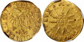 SWITZERLAND. Geneva. Quadrupla or 4 Pistolets, 1637-PM. NGC VF Details--Ex Jewelry.
Fr-248; KM-39. Obverse: GENEVA CIVITAS, double eagle facing, with...