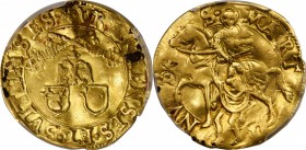 SWITZERLAND. Uri & Schwyz. Ducat, ND (ca. 1520). PCGS Genuine--Damage, VF Details Gold Shield.
22mm; 3.34 gms. Fr-Unlisted; HMZ-Unlisted. Obverse: + ...