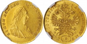 TRANSYLVANIA. 2 Ducats, 1773/2-H G. Karlsburg Mint. Maria Theresa. NGC MS-62.
Fr-541; KM-650. Obverse: Older veiled and draped bust of Maria Theresa ...