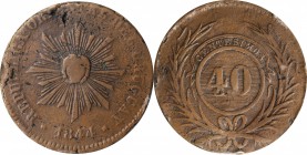 URUGUAY. 40 Centesimos, 1844. Montevideo Mint. PCGS VF-20 Gold Shield.
KM-4; Antunez-6.6.1. Coin alignment/"female" sunface (sol de cabellera). An EX...
