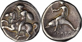 ITALY. Calabria. Tarentum. AR Stater (7.63 gms), ca. 400-390 B.C. VERY FINE.
Vlasto-304; HN Italy-849. Obverse: Nude warrior, holding shield, dismoun...