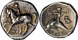 ITALY. Calabria. Tarentum. AR Nomos (6.60 gms), ca. 272-240 B.C. EXTREMELY FINE.
Vlasto-836-41; HN Italy-1025. Obverse: Nude youth crowning and ridin...
