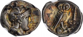 ITALY. Calabria. Tarentum. AR Drachm, ca. 302-280 B.C. NGC Ch VF.
Vlasto-1054-7; HN Italy-975. Obverse: Helmeted head of Athena right; Reverse: Owl s...