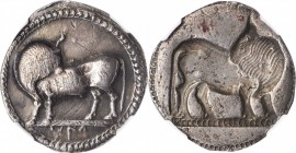 ITALY. Lucania. Sybaris. AR Stater (8.05 gms), ca. 550-510 B.C. NGC Ch VF, Strike: 5/5 Surface: 2/5. Edge Bend.
HN Italy-1729. Obverse: Bull standing...