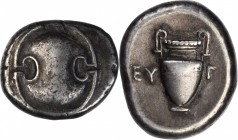 BOEOTIA. Thebes. AR Stater (12.15 gms), ca. 379-368 B.C. CHOICE VERY FINE.
BCD Boiotia-518; HGC-4, 1331. Eugi-, magistrate. Obverse: Boeotian shield;...