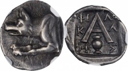PELOPONNESOS. Argolis. Argos. AR Triobol, ca. 90-50 B.C. NGC EF.
BCD Peloponessos I-1175-6 var. (NE monogram on amphora). Philokles, magistrate. Obve...