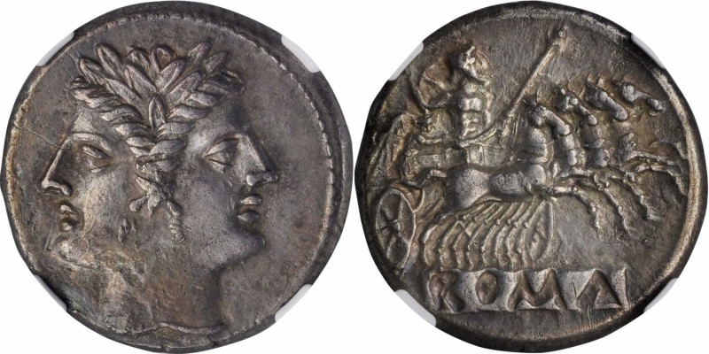 ROMAN REPUBLIC. Anonymous. AR Quadrigatus or Didrachm (6.42 gms), Uncertain Mint...
