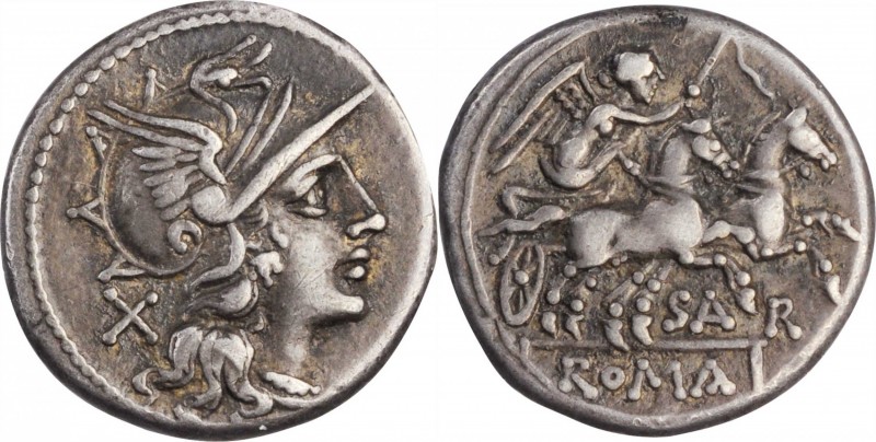 ROMAN REPUBLIC. Atilius Saranus. AR Denarius (3.84 gms), Rome Mint, 155 B.C. CHO...