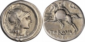 ROMAN REPUBLIC. L. Torquatus. AR Denarius (3.89 gms), Rome Mint, 113-112 B.C. CHOICE VERY FINE.
Cr-295/1; Syd-545. Obverse: Head of Roma right; X (ma...