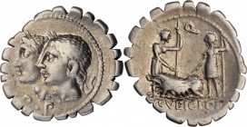 ROMAN REPUBLIC. C. Sulpicius C.f. Galba. AR Denarius Serratus (3.79 gms), Rome Mint, 106 B.C. NEARLY EXTREMELY FINE.
Cr-312/1; Syd-572. Obverse: Juga...