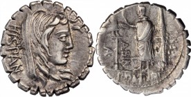 ROMAN REPUBLIC. A. Postumius A.f. Sp.n. Albinus. AR Denarius Serratus (3.99 gms), Rome Mint, 81 B.C. EXTREMELY FINE.
Cr-372/2; Syd-746. Obverse: Veil...
