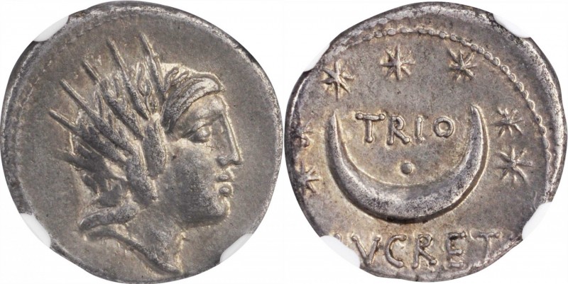 ROMAN REPUBLIC. L. Lucretius Trio. AR Denarius (3.59 gms), Rome Mint, 74 B.C. NG...