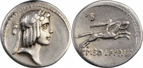 ROMAN REPUBLIC. C. Piso L.f. Frugi. AR Denarius (3.98 gms), Rome Mint, 61 B.C. NEARLY EXTREMELY FINE.
Cr-408/1a; Syd-850a. Obverse: Laureate head of ...