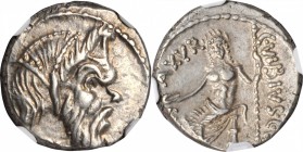 NO LOT.
Cr-449/1b; CRI-20a; Syd-948. Obverse: Mask of Pan right; [pedum to left]; Reverse: Jupiter seated left on throne, holding patera and scepter....