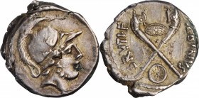 ROMAN REPUBLIC. Albinus Bruti f. AR Denarius (4.03 gms), Rome Mint, 48 B.C. CHOICE EXTREMELY FINE.
Cr-450/1a; CRI-25; Syd-941. Obverse: Helmeted head...