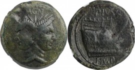 SEXTUS POMPEY. AE As, Uncertain Sicilian Mint, 42-38 B.C. NGC VF. Flan Flaws.
Cr-479/1; CRI-336; Syd-1044a. Obverse: Laureate head of Janus with the ...