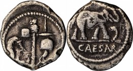 JULIUS CAESAR. AR Denarius (3.47 gms), Military Mint Traveling with Caesar, 49 B.C. VERY FINE.
Cr-443/1; CRI-9; Syd-1006. Obverse: Elephant advancing...