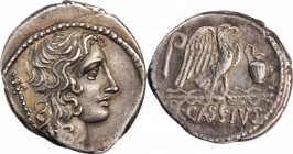 CASSIUS LONGINUS. AR Denarius (3.92 gms), Rome Mint, 55 B.C. EXTREMELY FINE.
Cr-428/3; Syd-916. Obverse: Head of Bonus Eventus (or Genius Populi Roma...