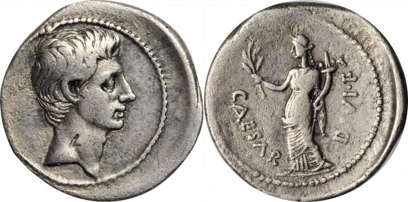 OCTAVIAN. AR Denarius, Uncertain Mint in Italy, possibly Rome, 32-31 B.C. VERY F...