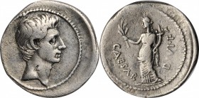 OCTAVIAN. AR Denarius, Uncertain Mint in Italy, possibly Rome, 32-31 B.C. VERY FINE.
CRI-399; RIC-252; RSC-69. Obverse: Bare head right; Reverse: Pax...