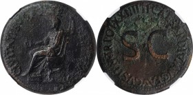 TIBERIUS, A.D. 14-37. AE Sestertius, Rome Mint, A.D. 22-23. NGC Ch F.
RIC-48. Obverse: Tiberius seated left on curule chair, with feet on footstool a...