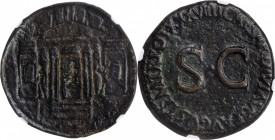 TIBERIUS, A.D. 14-37. AE Sestertius, Rome Mint, A.D. 36-37. NGC Ch F. Light Smoothing.
RIC-67. Obverse: Hexastyle temple with flanking wings; within,...