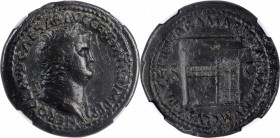 NERO, A.D. 54-68. AE Sestertius, Rome Mint, ca. A.D. 65. NGC Ch F. Light Scratches.
RIC-266. Obverse: Laureate bust right, wearing aegis; Reverse: Te...