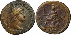 NERO, A.D. 54-68. AE Sestertius (28.30 gms), Rome Mint, ca. A.D. 65. CHOICE VERY FINE.
RIC-273 var. (aegis). Obverse: Laureate head right; Reverse: R...