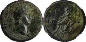 NERO, A.D. 54-68. AE Sestertius, Rome Mint, ca. A.D. 65. NGC Ch VF.
RIC-275. Obverse: Laureate head right, wearing aegis; Reverse: Roma seated left o...