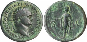 TITUS AS CAESAR, A.D. 69-79. AE Sestertius (28.02 gms), Rome Mint, A.D. 74. VERY FINE.
RIC-739. Obverse: Laureate head right; Reverse: Spes advancing...
