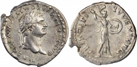 DOMITIAN AS CAESAR, A.D. 69-81. AR Denarius (3.17 gms), Rome Mint, A.D. 80-81. NEARLY EXTREMELY FINE.
RIC-268; RSC-381. Obverse: Laureate head right;...