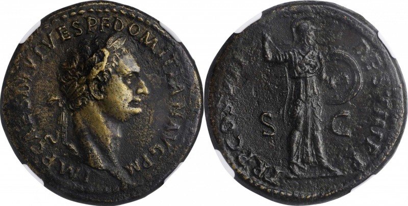 DOMITIAN, A.D. 81-96. AE Sestertius (27.15 gms), Rome Mint, A.D. 81. NGC AU, Str...