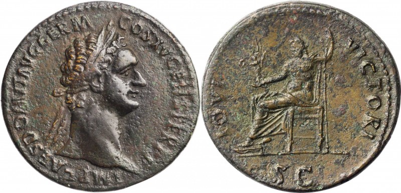 DOMITIAN, A.D. 81-96. AE Sestertius (25.62 gms), Rome Mint, A.D. 90-91. NEARLY E...