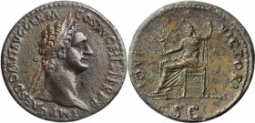 DOMITIAN, A.D. 81-96. AE Sestertius (25.62 gms), Rome Mint, A.D. 90-91. NEARLY EXTREMELY FINE.
RIC-702. Obverse: Laureate head right; Reverse: Jupite...