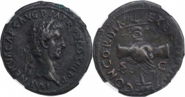 NERVA, A.D. 96-98. AE Sestertius, Rome Mint, A.D. 97. NGC VF.
RIC-96. Obverse: Laureate head right; Reverse: Clasped hands over aquila. Deep green-br...