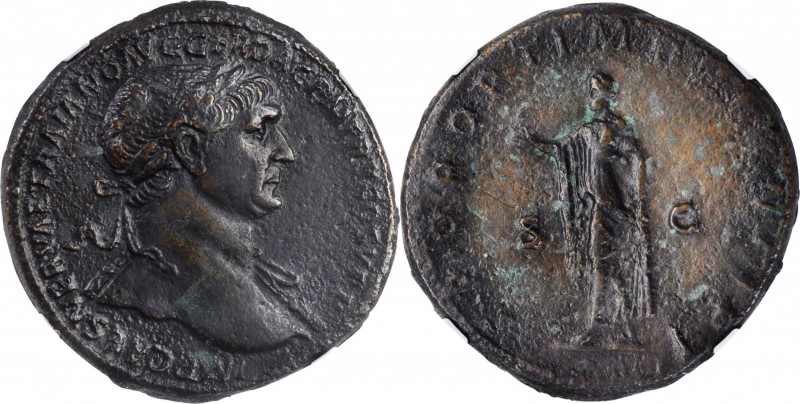 TRAJAN, A.D. 98-117. AE Sestertius, Rome Mint, ca. A.D. 109-110. NGC EF. Light S...