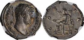 HADRIAN, A.D. 117-138. AR Denarius, Rome Mint, ca. A.D. 124-128. NGC Ch EF.
RIC-172; RSC-328. Obverse: Laureate bust right, with slight drapery; Reve...