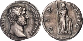 HADRIAN, A.D. 117-138. AR Denarius (3.35 gms), Rome Mint, ca. A.D. 134-138. CHOICE VERY FINE.
RIC-303; RSC-802. "Travel series" issue. Obverse: Bare ...