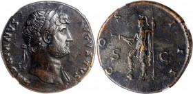 HADRIAN, A.D. 117-138. AE Sestertius, Rome Mint, ca. A.D. 124-128. NGC EF. Fine Style.
RIC-138. Obverse: Laureate bust right, with slight drapery; Re...