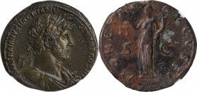 HADRIAN, A.D. 117-138. AE Sestertius, Rome Mint, ca. A.D. 120-122. NGC EF. Fine Style.
RIC-586c. Obverse: Laureate and draped bust right; Reverse: Mo...