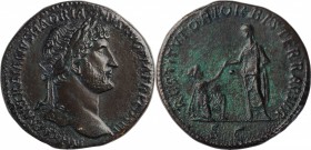HADRIAN, A.D. 117-138. AE Sestertius (24.76 gms), Rome Mint, ca. A.D. 120-122. CHOICE VERY FINE.
RIC-594a. Obverse: Laureate head right; Reverse: Had...