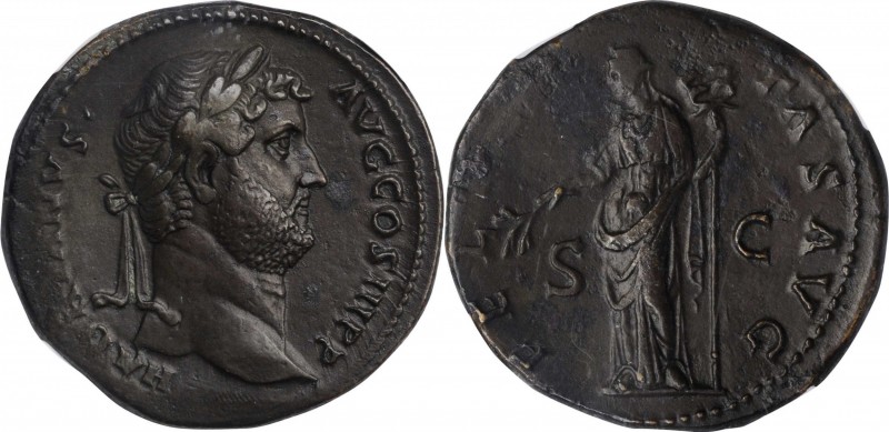 HADRIAN, A.D. 117-138. AE Sestertius, Rome Mint, ca. A.D. 134-138. NGC EF.
RIC-...